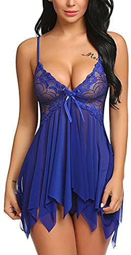 Bunanphy Women Lingerie Set Soft Babydoll Lace Cup Sling Nightwear Chemise Teddy Sleepwear Dress Blue #C 8-10(L)