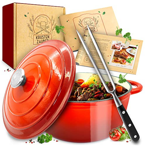 KRUSTENZAUBER Gusseisen Topf [inkl. Fleischgabel] - 26cm Schmortopf backofengeeignet - Idealer Bräter mit Deckel Backofengeeignet, Kochtopf Induktion, Emaille, Bratentopf Cast Iron