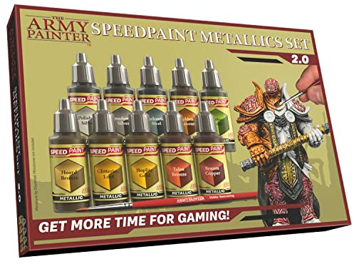 The Army Painter Speedpaint Metallics Paint Set 2.0, 10 Acrylfarben Metallic 18ml Modellbau Farben Pipettenflaschen und 1 Kostenlosem Grundierpinsel, Modellfarbe für Fantasy Miniaturen