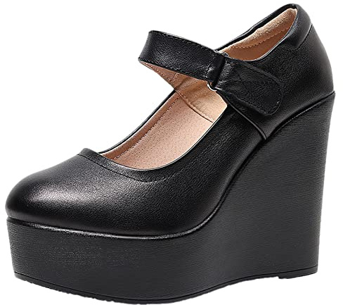 Jamron Donna Piattaforma Alta 11.5CM Tacco a Zeppa Scarpe Mary Jane Gancio e Anello Décolleté in Pelle Nero SN070281-3 EU36