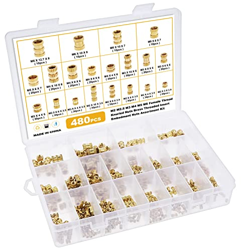 Faankiton 480 Stück Gewindeeinsatz, 3D Druck Messing Muttern M2 M2.5 M3 M4 M5 M6, Gewindeeinsatz Innengewinde Gerändelte Messingmuttern, 20 Größen Messing Einbettung Muttern für 3D Druckteile