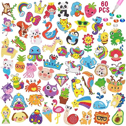 Diamantmålning Klistermärken, CAYUDEN 60 st 5D Djur Diamantmålning Bilder Barn Diamond Painting Sticker Kit Barn Flickor Djur Diamant Målning Klistermärken Set för Barn 6 8 10 12