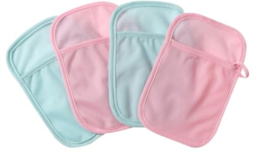 Badehandschuhe 4 Stück mit Daumenschlaufe Sanftes Peeling | Polyester und Baumwolle, Angenehme Haptik, Babydusche und Hauswärmgeschenk für Eltern Zufällige Farbe