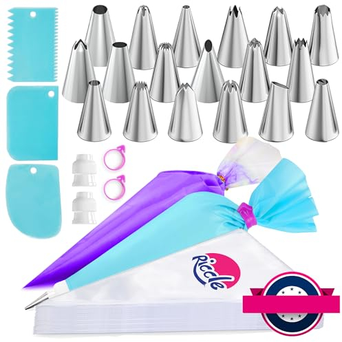 Riccle Piping Bags and Tips Set, 12 Inch 100 Anti Burst Piping Bags, Cake Decorating Kit with 18 Piping Tips, 1 Reusable Pastry Bags, 3 Cake Scrapers, 2 Couplers, and 2 Icing Bags Ties