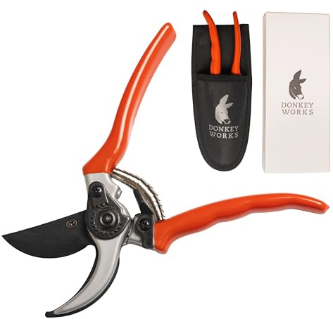 Donkey Works Bypass Gartenschere - SK5-Stahlklinge mit Teflon Antihaft-Beschichtung, Ergonomischer Griff, Schneidedurchmesser 20 mm - Rosenschere Profi, Pflanzenschere, Blumenschere, Rebschere
