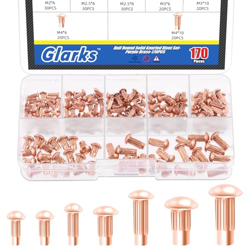 Glarks 170pcs Solid Nieten Knulled Shanks Set, M2 M2.5 M3 M4 Halbrunder Kopf Rot Kupfer Solid Nieten Sortiment Kit mit Aufbewahrungsbox Home Outdoor Hardware Tool