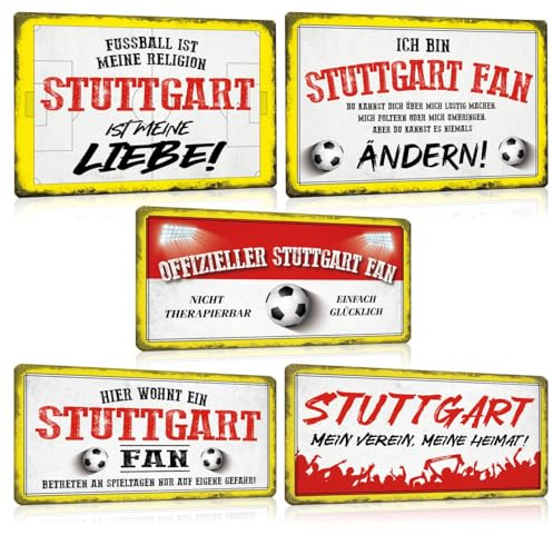 5er Set Fußball Blechschilder - Fussball Metallschild mit Spruch - Sport Schild Deko Zubehör Geschenk Fanartikel für Stuttgart Fan Liebhaber Begeisterte
