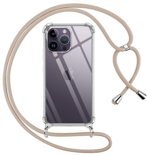 Pnakqil handyband für iPhone 14 Pro Max Hülle mit Band, Transparent Weich Silikon mit Kordel Necklace Schnur Anti-Fall Bumper Schutzhülle Case Kompatibel mit iPhone 14Pro Max 6.7, Khaki