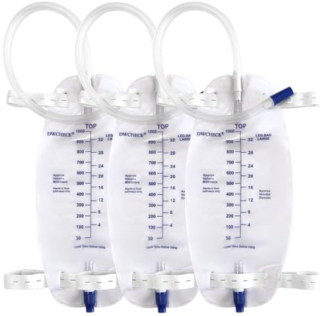 DWCHECK 3 Pack Leg Bag Urinary Drainage Bag,1000 ml Catheter Leg Bag with 18 Tubing,Adjustable Cloth Straps,Anti-Reflux Chamber,Splash-Resistant Drain Valve,Latex-Free,Disposal