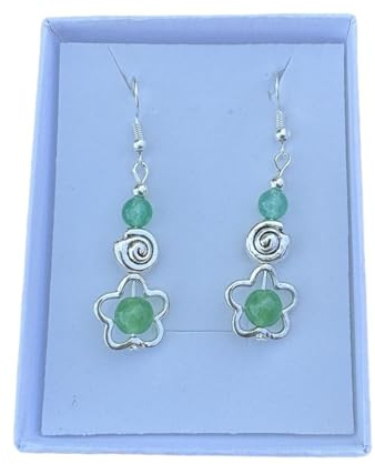 Anhur Pendientes Colgantes Flor Caracola Con Piedras Naturales Ágatas Colores Azul Cielo Verde Lila Morado Verde Naranja Rosa Azulón en Zamak Color Plata Pendientes Largos A Presión (Verde)