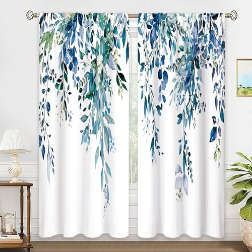 oolygoo Rideaux de fenêtre, motif de fleurs sauvages, plantes sauvages, herbe et feuilles d'eucalyptus, fleur turquoise, aquarelle, pour chambre à coucher, salon, bleu sarcelle, 132 x 213 cm (l x h)