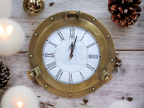 Antique Brass Nautical Maritime Ship's & Boat Clock Marine Time Beach Style Quartz Wall Clock Porthole ~ Home Décor Gift, Housewarming Gift (20 Inch)