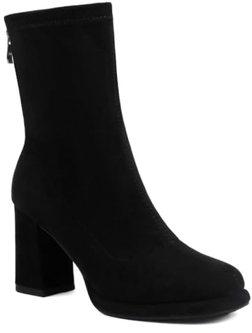 BAISOILIHA Mujeres Chunky High Heel Tobillo Botines Punta Redonda Slide Cremallera Ante sintético Botas Cortas Noche Fiesta Trabajo Jeans Dress Zapatos para mujer Señoras Niñas Negro Numero 34