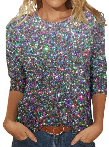 Camisetas De Vestir Mujer Elegantes Manga Larga Lentejuelas Brillante Top Túnica Larga Cuello V Sueltas Blusas Y Camisas Slim Fit Sexy T-Shirt Suelto Túnica Tops para Otoño Primavera
