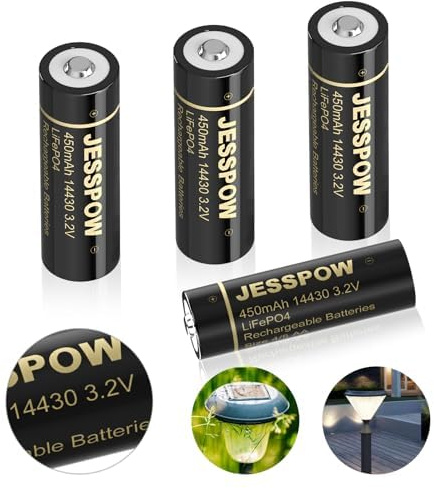 14430 Battery, JESSPOW 14430 3.2V 450mAh LiFePo4 Rechargeable Solar Battery for Solar Panel Outdoor Garden Lights - 4 Pack