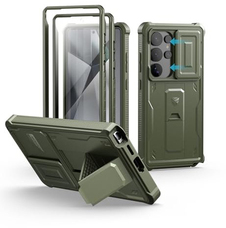Dexnor pour Coque Samsung Galaxy S25 Ultra【Double Cadre Avant et Support】 avec CaméRa Coulissante Intégrée & Protecteur d'écran, Coque de Protection Robuste Résistante Aux Chocs - Vert Militaire