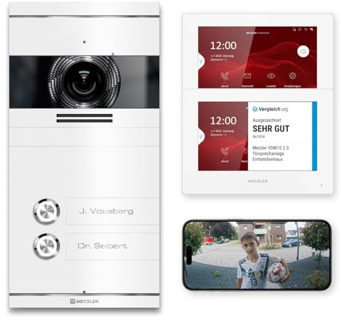 Metzler VDM10 2.0 Video Sprechanlage Komplett Set mit Laser Gravur Namensschild - Anschluss 2-Draht - Türsprechanlage mit HD-Kamera und Bildschirm für 2 Familienhaus, in Weiß aus V2A Edelstahl