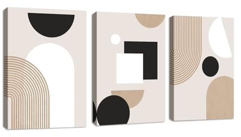 3 Pcs Moderni metà secolo Linee geometriche Quadri Stampa su Tela Con Cornice, Nordic Bianco Marrone Quadro Pittura su tela poster da parete Decorazione Murale Soggiorno Camera da letto 50x70cmx3