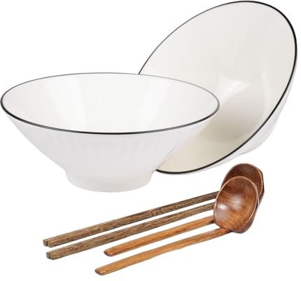 8'' Ramen Bowls Set of 2,Japanese Ceramic Noodle Bowl Set, Ramen Soup Bowls 34 Ounce Capacity with Unique Black Trim Includes Wooden Spoons and Chopsticks Ideal for Ramen Pasta Pho Udon Salad Rice and