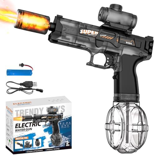 Wasserpistole Elektrisch, Elektrische Wasserpistole Kinder mit Blitzeffekten und Recoil, 6-8m Reichweite, Umfang, 320ML Kapazität, Automatische Wasserpistole für Pool, Strand, Garten (Grau)