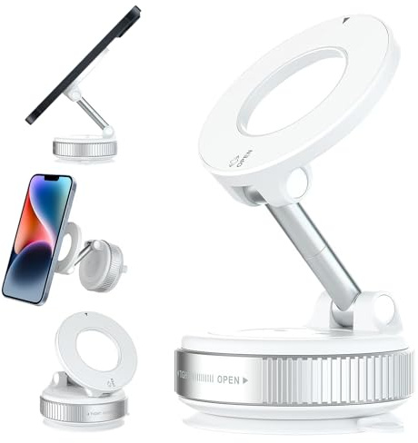Astriva Maglock Vaccum Magnetic Phone Mount Holder, 360° Rotating Adjustable Car Phone Mounts Portable, Ultra Foldable Cell Phones Bracket for iPhone Mag Safe Android & All Phones (White)
