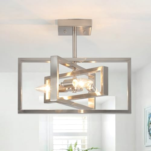 Nickelfarben Deckenlampe 3 Flammig, Modern Industrial Deckenleuchte Küche | Offenes Rechteckigen Beleuchtung Ø40cm, E14, Max 40W, 220V, Dimmbar Deckenleuchte für Schlafzimmer, Küche, Flur, Essbereich