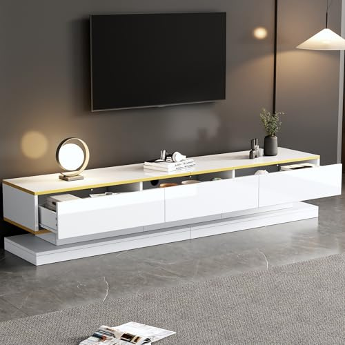 Merax TV-Schrank Weiß Hochglanz, Moderner Fernsehtisch TV Lowboard Board Schrank, Fernsehschrank mit 3 große Schubladen, TV-ständer für Fernseher bis zu 80 Zoll, TV Möbel für Wohnzimmer, 200cm