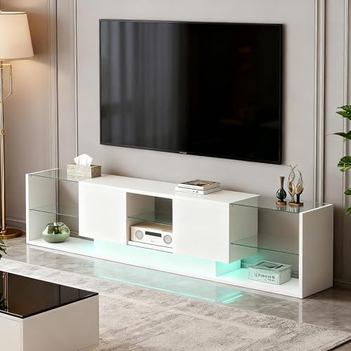 MASAJIA Mueble TV Blanco Moderno 200x35x45 cm - Mesa Television con Iluminación LED, 2 Cajones y Estante de Cristal, para Salón,Dormitorio(Blanco Brillo)