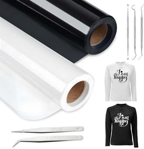 FALSKT 2 Rollen Plotterfolie Textil 30,5cmx400cm Transferfolie Weiß+Schwarz | Plotter Vinylfolie Plotter Flexfolie Plotter Textil Bügelfolie für Textilien zum Aufbügeln für DIY, Sonde-Set, Pinzetten