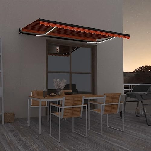 Auvent automatique à bras articulés avec éclairage LED, capteur de vent, 450 x 350 cm, orange/marron, pour terrasse, jardin, extérieur