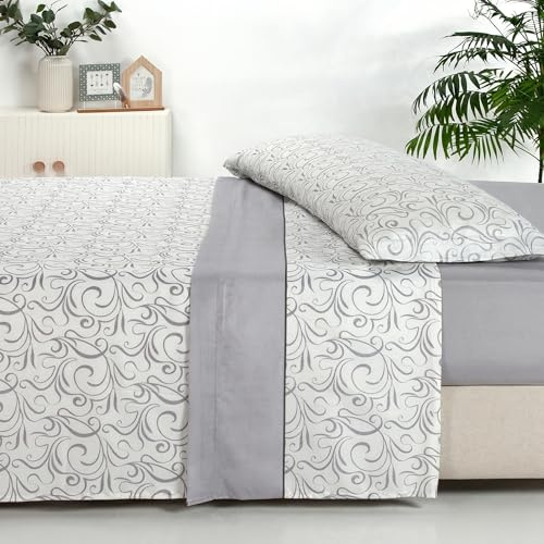 Sábanas 180x200 - Juego de Sábanas 4 Piezas - 100% Microfibra Suave y Transpirable - Sábana Bajera Ajustable, Encimera y 2 Fundas Almohada - Ropa de Cama Estampada (Ainara Gris)