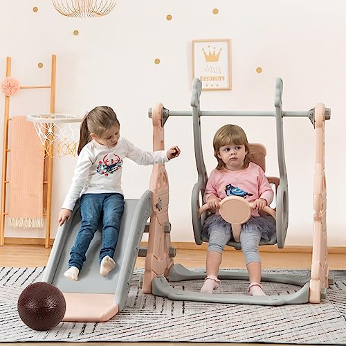 KSFASHZ Scivolo 4 in 1 per bambini con altalena rosa, scivolo per interni con altalena, supporto per basket, scale, scivolo per bambini per esterni, rosa, parco giochi per interni con scale per