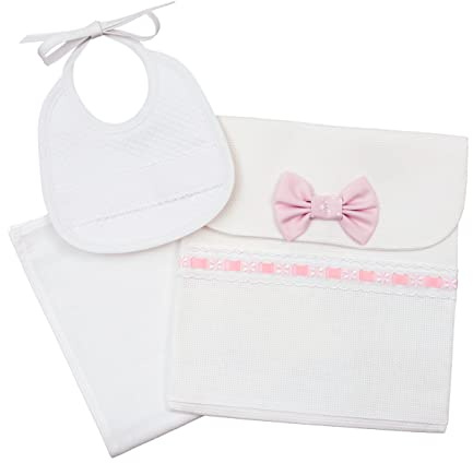 Filet - Set Porta Corredino, Composto da Bustina con Inserto in Tela Aida, Salvietta e Bavaglino da Ricamare, Idea Regalo per Futuri Genitori, in 100% Cotone, Made in Italy, Colore Bianco e Rosa