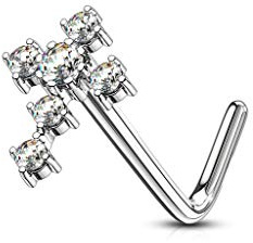 Tapsi´s Coolbodyart® Nasenpiercing L Stecker Gebogen Chirurgenstahl 316L Silber 6mm Zirkonia Kreuz