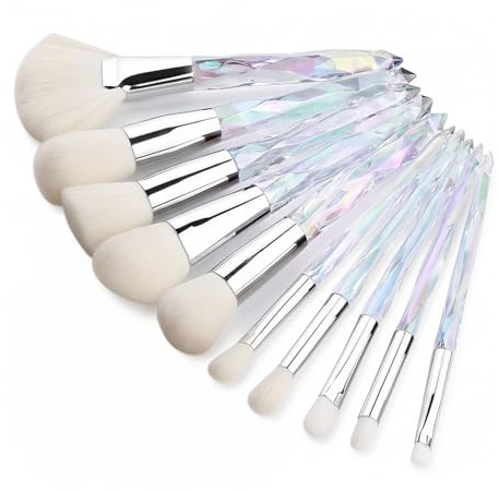 Kingtree Makeupborstset 10 st kristallstil genomskinliga handtag sminkborstar professionella Kabuki foundation rodna concealer ögonskugga eyeliner sminkverktyg