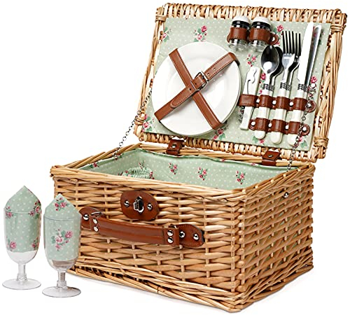Wicker Picknickkorb für 2 Personen, Willow Hamper Basket Sets, handgefertigter Picknickkorb für 2 Personen mit Utensilienbesteck Perfekt für Picknick, Camping Flower