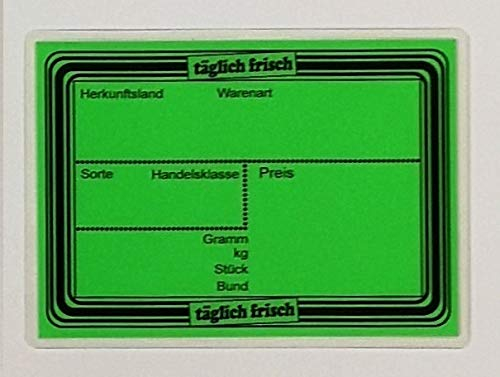 20 laminierte Preisschilder 80 x 111 mm leuchtgrün für Obst und Gemüse mit Aufdruck Werbesymbole