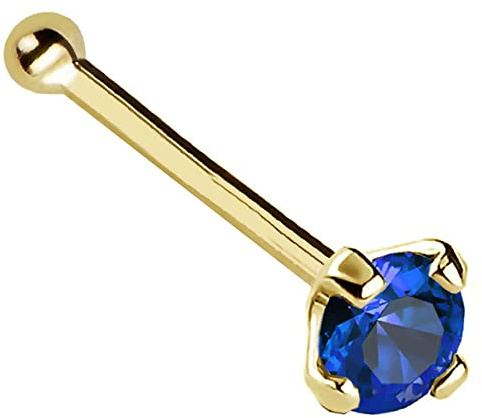 22G Solid 14Kt Gold Nose Bone Stud with Prong Set real Blue Sapphire Gemstone, 14kt Yellow Gold or 14kt White Gold - September Birthstone Nose Ring, Metal, sapphire