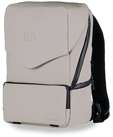 onemate – Rucksack clarity mit diversen Fächern & Features für Ordnung im Alltag – stoßsicheres Laptopfach – 99% aus recycelten Plastikflaschen – robust & wasserdicht (15L) (Grau-Beige, ohne flap)