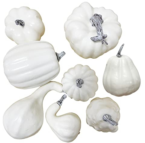 Ashuxxn Calabaza Blanca de Halloween Calabaza Blanca de Bricolaje Calabazas Decorativas de Otoño Calabazas de Plástico Artificial de Color Blanco para Acción de Gracias Otoño y Decoración (8 Piezas)