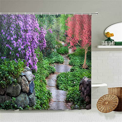 Roogsoo Paesaggio Tenda Doccia W120cm x L180cm Tenda per Doccia Antimuffa, Tenda da Esterno Impermeabile Tessuto, 3D Tenda con Ganci per Dormitorio Famiglia Appartamento Hotel Doccia ​Bagno Decor