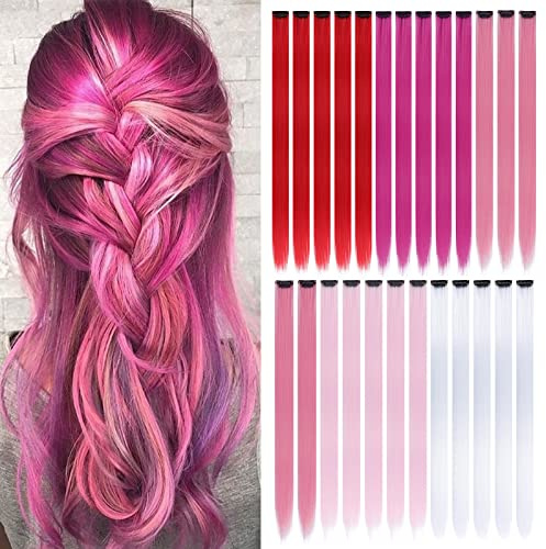 Colored Clip in Hair Extensions for Girls 25 pcs Straight Fashion Hairpieces for Party Highlights (5 warm colors,Red,Rose red,Peach red,Light Pink,White)