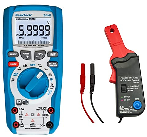 PeakTech 3441 – True RMS Digital Multimeter - CAT III 1000 V, Blau & P 4250 4250 - Stromzangen-Adapter für Multimeter bis zu 60 in AC/DC mit 4 mm Steckern, Durchmesser bis zu 9 mm - CAT III 300V