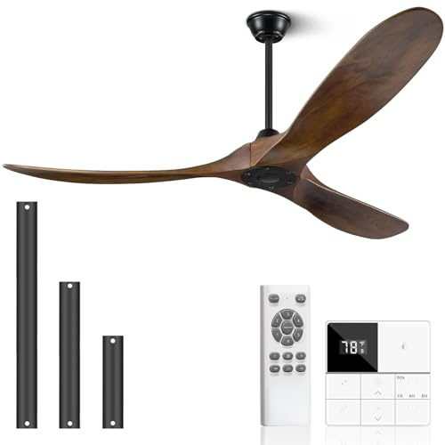 Eliora Ventilador de techo sin luz, ventilador de techo de madera de 60 pulgadas sin luz con interruptor remoto de pared, ventilador para patio, porche, dormitorio, motor CC silencioso de 6