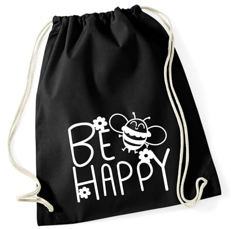 Huuraa Turnbeutel Be Happy Biene Geschenk | Sportbeutel 12 Liter Black Baumwolle Schwarzer Rucksack Geschenkidee Unisex Beutel mit Kordelzug Baumwollbeutel