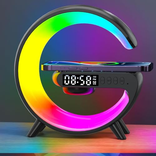Wireless Charger,Smart Lamps for Bedroom,LED Bedside Lamp 4-in-1 Alarm Clock,Speaker & Wireless Charger 15w G Lamp,RGB Colour Changing Lamp for Bedroom,Birthday Gifts for Teen Boys Girls Friend