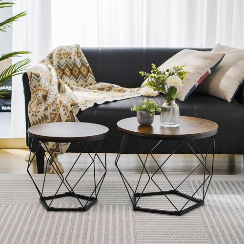 FEFE Round Coffee Table Set Of 2 Side Tables Wooden Surface With Robust Steel Frame For Living Room Decor Bedrooms Farmhouse Balconies - Rustic Brown And Black