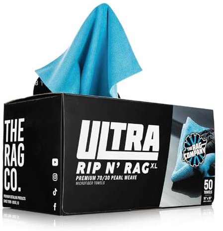 The Rag Company - Ultra Rip N' Rag XL Premium Reusable Pearl-Weave Microfiber Towels for Coatings, Glass, Detailing, Home, RV and More - 50 Count - Quality 70/30 Blend - 280gsm 16 x 16 - Ultra Blue
