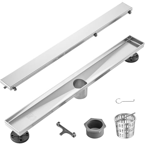 VEVOR 610mm Linear Shower Drain Offset with Tile Insert Cover,Brushed 304 Stainless Steel Rectangle Shower Floor Drain,Linear Drain with Leveling Feet,Hair Strainer Silver