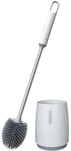 Spazzolone Scopino per WC da 46 cm/10 cm, Set da Bagno Bianco Sporco, con Testina in TPR a Forma di Oliva e Base Opaca Brillante per la Pulizia